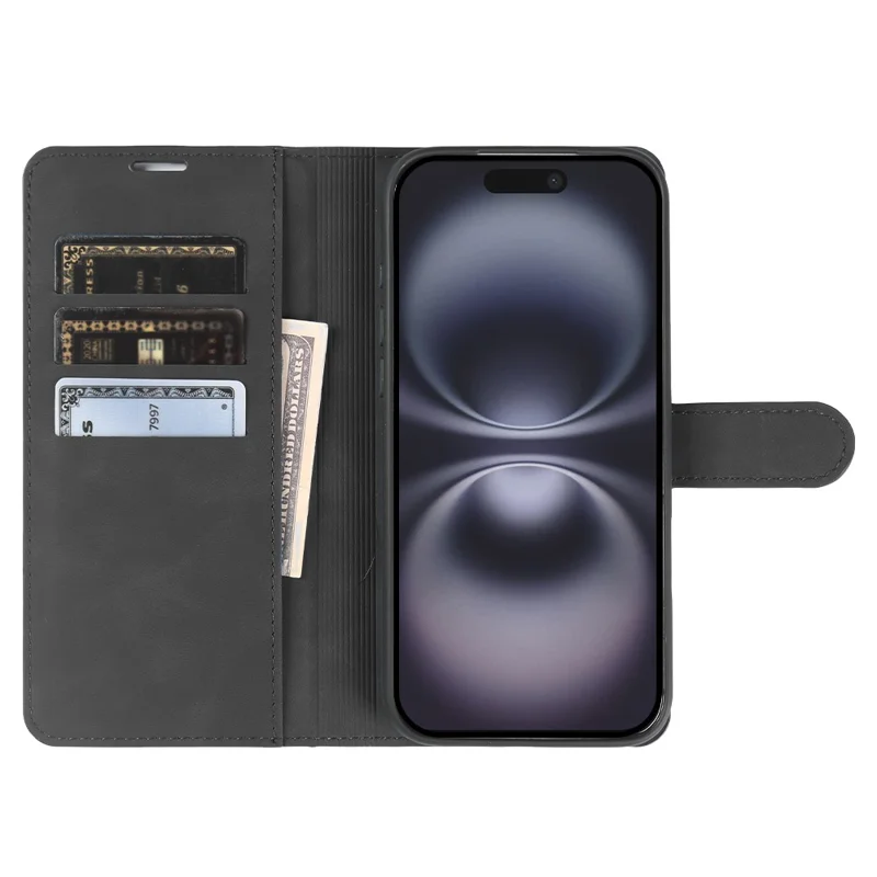 For iPhone 16 Wallet Stand Case Card Slots Skin-feel TPU + PU Leather Flip Cover - Black