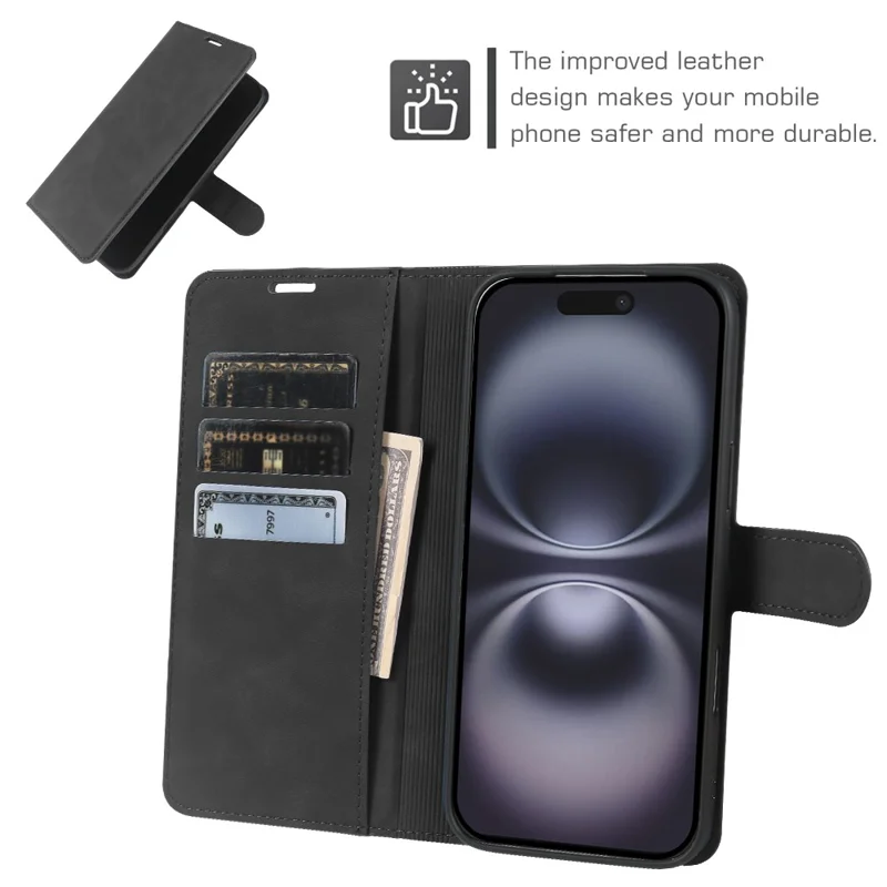 For iPhone 16 Wallet Stand Case Card Slots Skin-feel TPU + PU Leather Flip Cover - Black