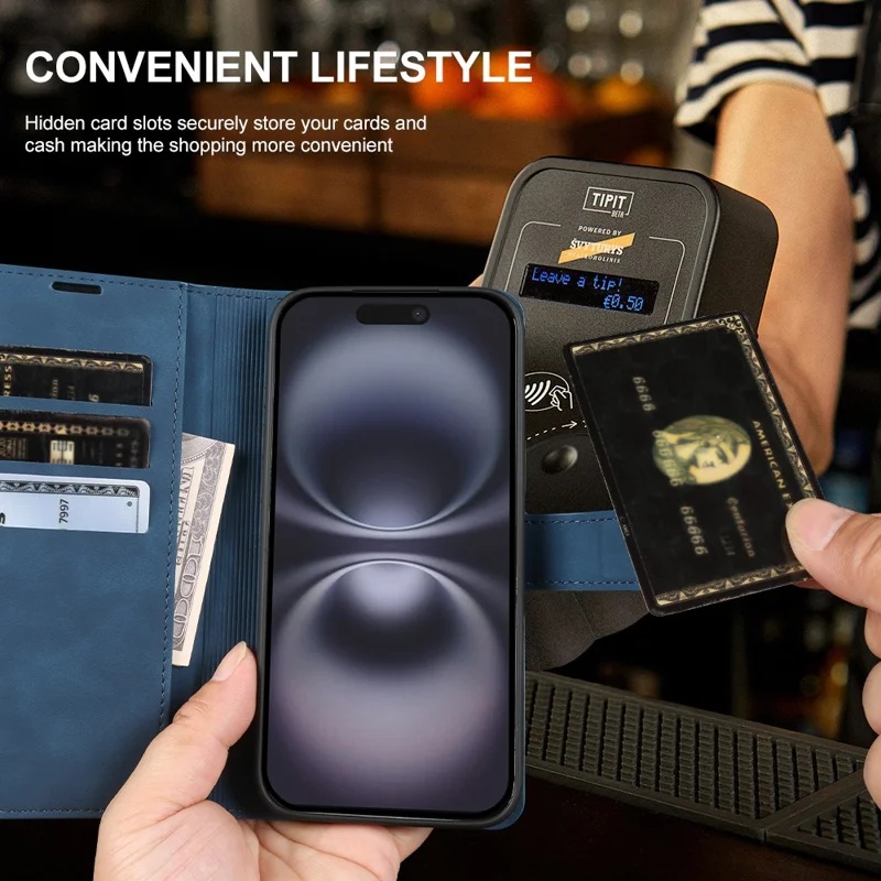 For iPhone 16 Wallet Stand Case Card Slots Skin-feel TPU + PU Leather Flip Cover - Black