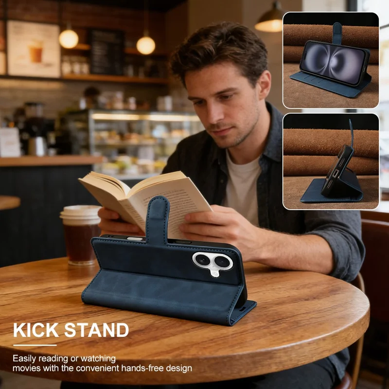 For iPhone 16 Wallet Stand Case Card Slots Skin-feel TPU + PU Leather Flip Cover - Black