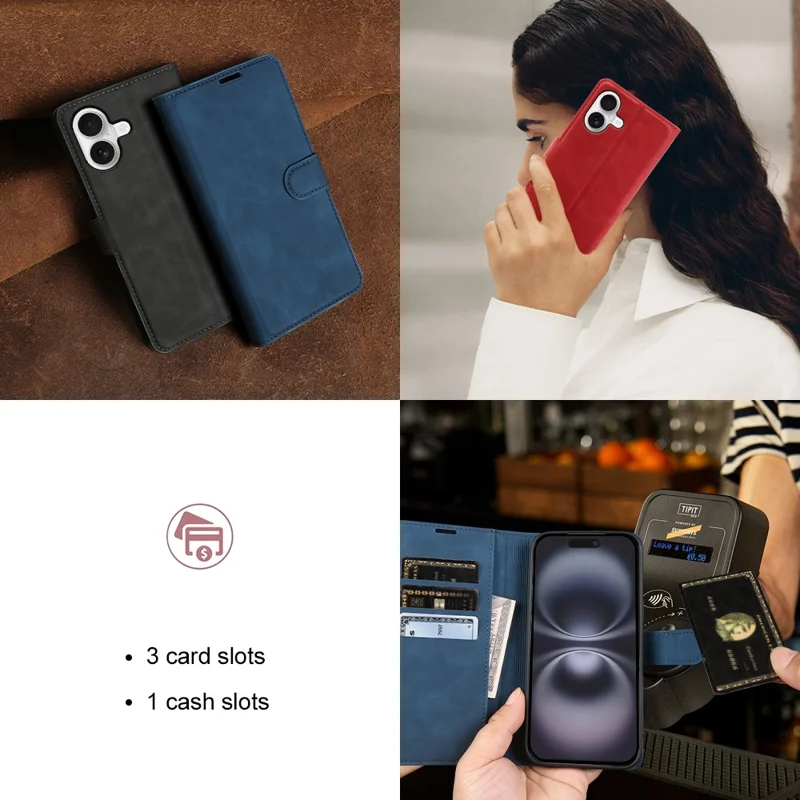 For iPhone 16 Wallet Stand Case Card Slots Skin-feel TPU + PU Leather Flip Cover - Black