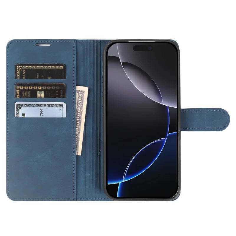For iPhone 16 Pro Max Wallet Stand Case Card Slots Skin-feel TPU + PU Leather Flip Cover - Blue