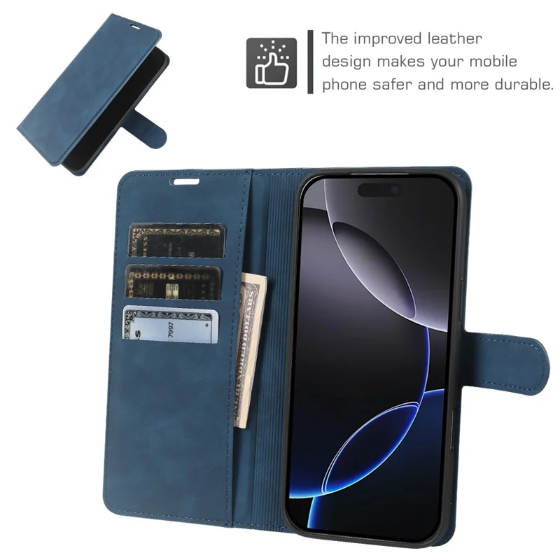 For iPhone 16 Pro Max Wallet Stand Case Card Slots Skin-feel TPU + PU Leather Flip Cover - Blue