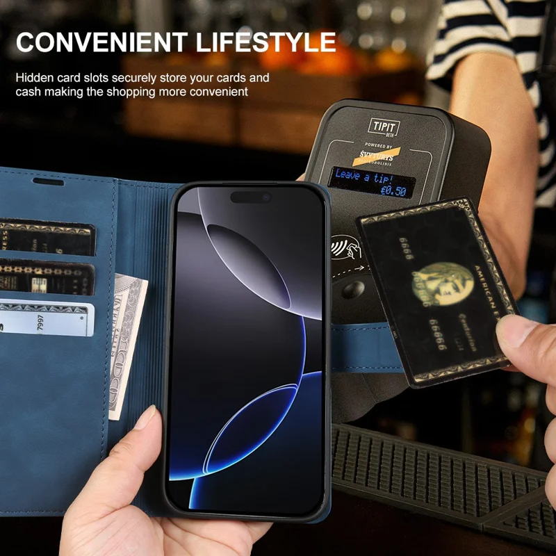 For iPhone 16 Pro Max Wallet Stand Case Card Slots Skin-feel TPU + PU Leather Flip Cover - Blue