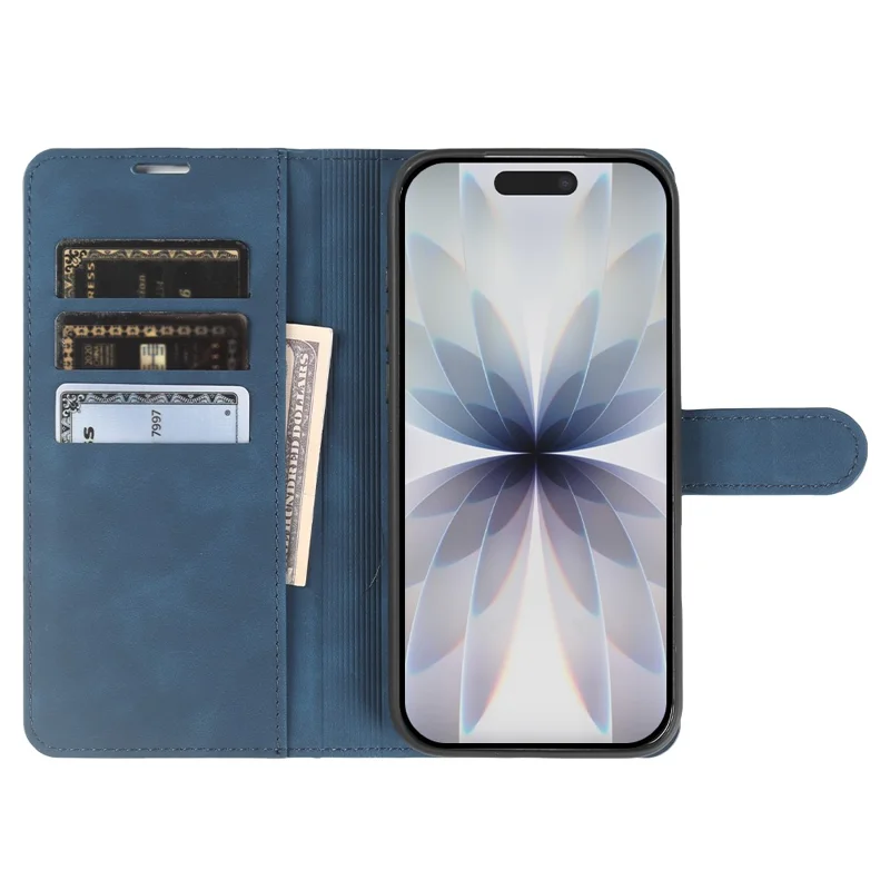 Coque portefeuille avec support pour iPhone 17, coque rabattable en cuir PU et TPU avec effet peau et emplacements pour cartes - Bleu