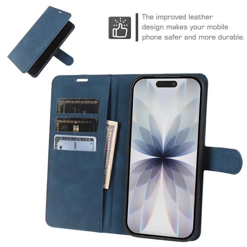 Coque portefeuille avec support pour iPhone 17, coque rabattable en cuir PU et TPU avec effet peau et emplacements pour cartes - Bleu