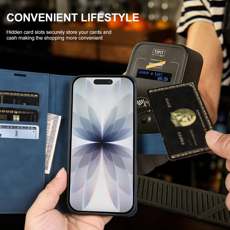 Coque portefeuille avec support pour iPhone 17, coque rabattable en cuir PU et TPU avec effet peau et emplacements pour cartes - Bleu