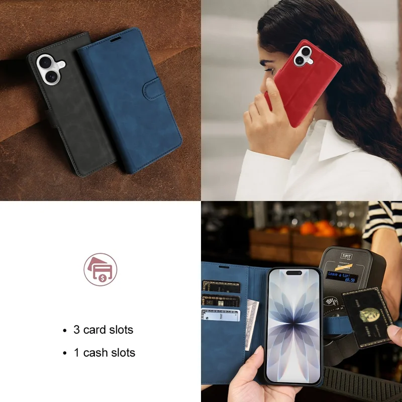 Coque portefeuille avec support pour iPhone 17, coque rabattable en cuir PU et TPU avec effet peau et emplacements pour cartes - Bleu
