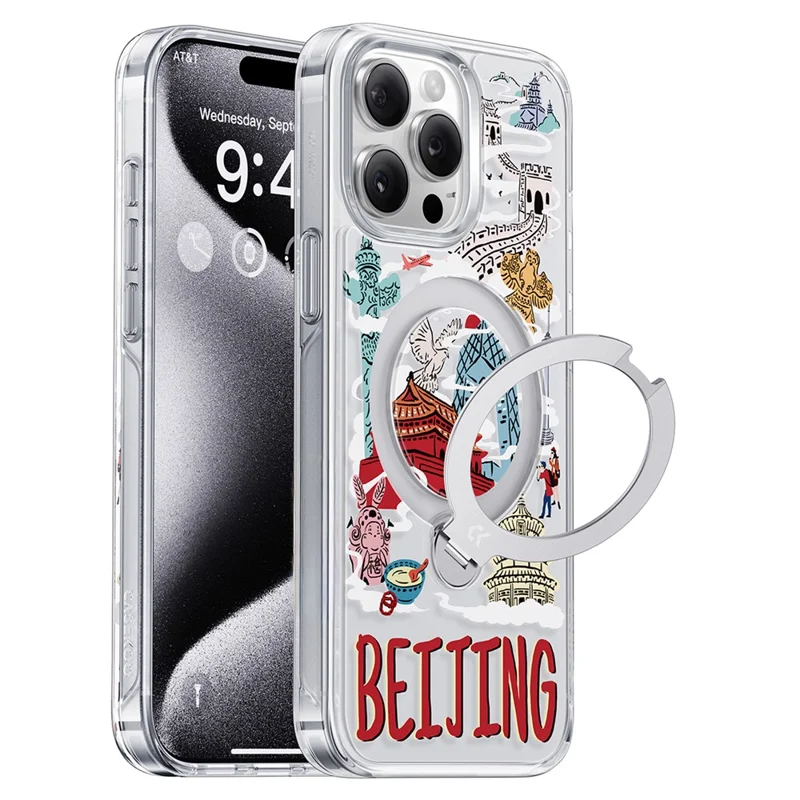 CASEKOO for iPhone 15 Pro Magnetic Case UV Pattern Printing Rotating Kickstand PC + TPU Phone Cover - Beijing