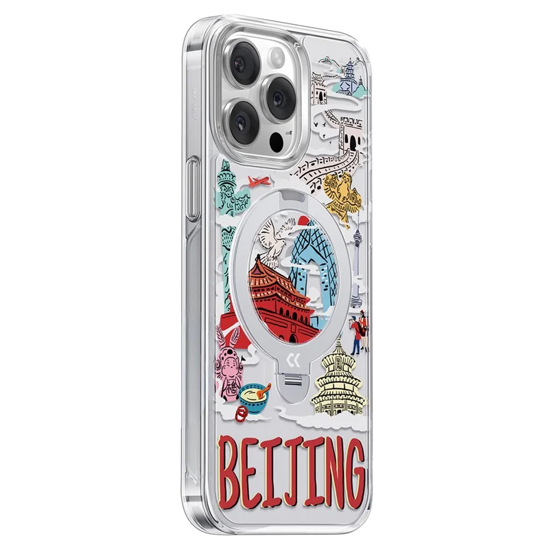 CASEKOO for iPhone 15 Pro Magnetic Case UV Pattern Printing Rotating Kickstand PC + TPU Phone Cover - Beijing
