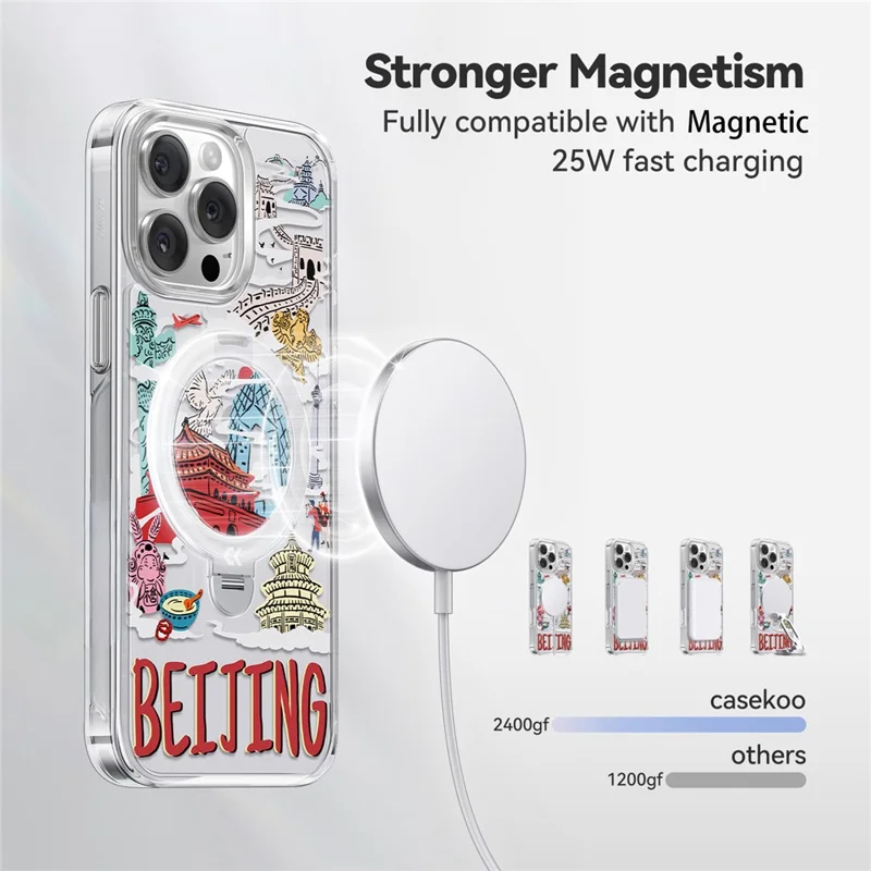 CASEKOO for iPhone 15 Pro Magnetic Case UV Pattern Printing Rotating Kickstand PC + TPU Phone Cover - Beijing