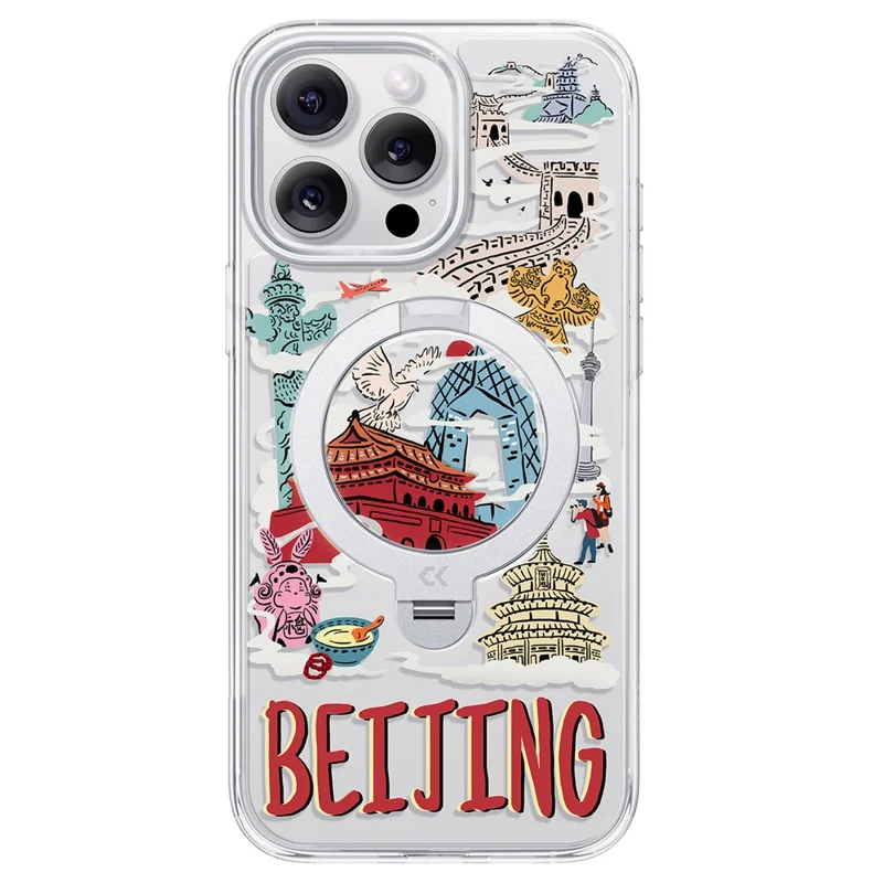 CASEKOO para iPhone 15 Pro Max Capa Magnética com Impressão UV Florescente e Suporte Giratório PC + TPU - Pequim