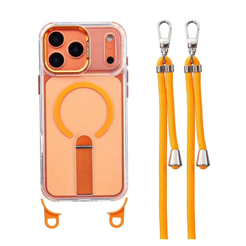 For iPhone 18 Pro Max / 17 Pro Max Magnetic Phone Case with Kickstand and 2-in-1 6mm 150cm Length Strap PC TPU Phone Cover - Orange