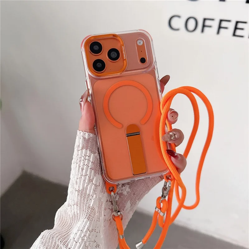 For iPhone 18 Pro Max / 17 Pro Max Magnetic Phone Case with Kickstand and 2-in-1 6mm 150cm Length Strap PC TPU Phone Cover - Orange