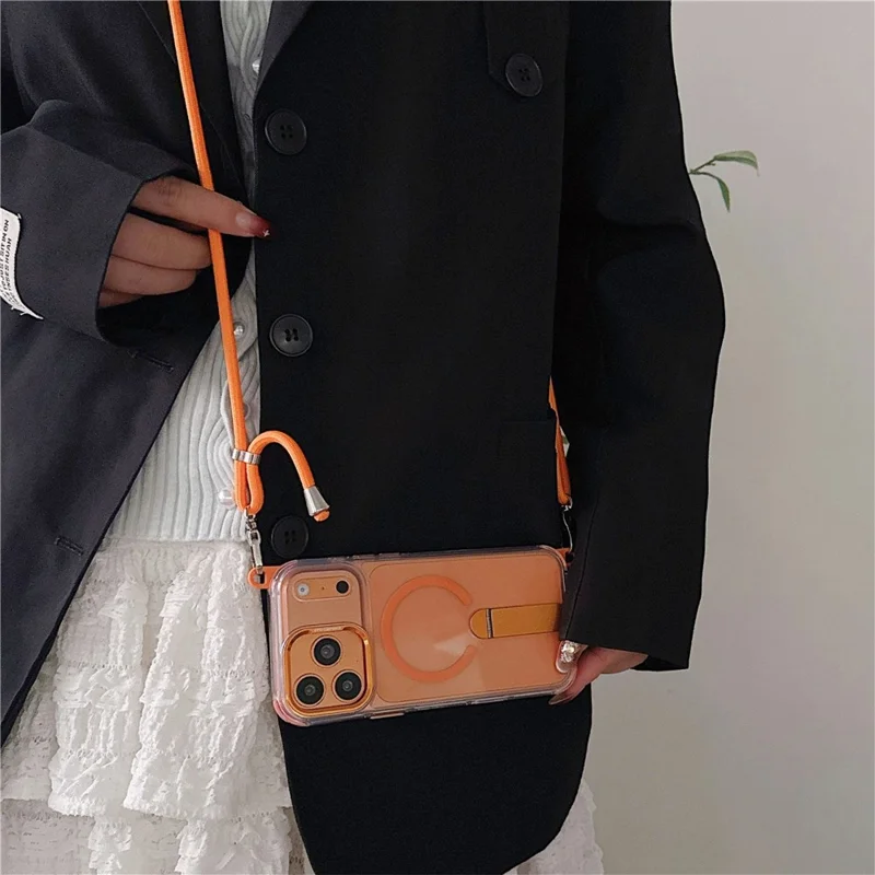 For iPhone 18 Pro Max / 17 Pro Max Magnetic Phone Case with Kickstand and 2-in-1 6mm 150cm Length Strap PC TPU Phone Cover - Orange
