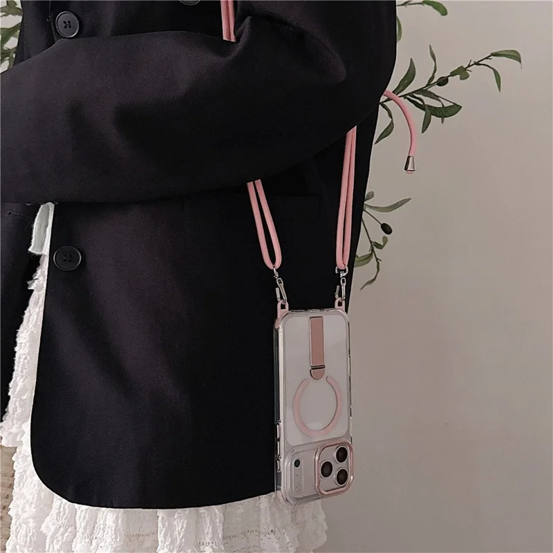 For iPhone 18 Pro Max / 17 Pro Max Magnetic Phone Case with Kickstand and 2-in-1 6mm 150cm Length Strap PC TPU Phone Cover - Orange