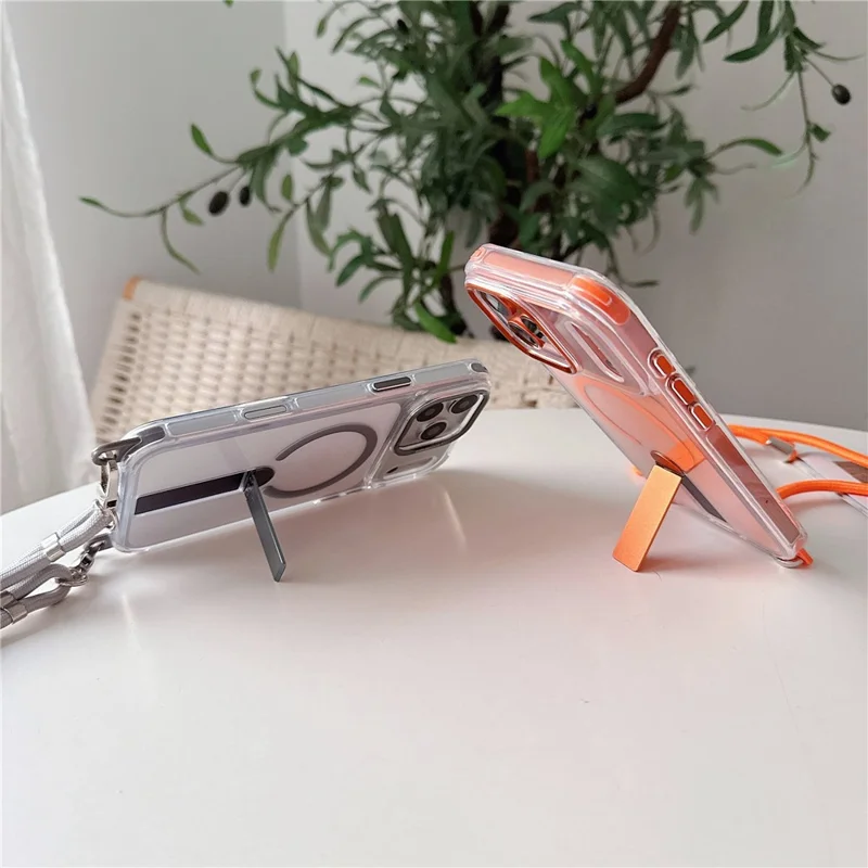 For iPhone 18 Pro Max / 17 Pro Max Magnetic Phone Case with Kickstand and 2-in-1 6mm 150cm Length Strap PC TPU Phone Cover - Orange