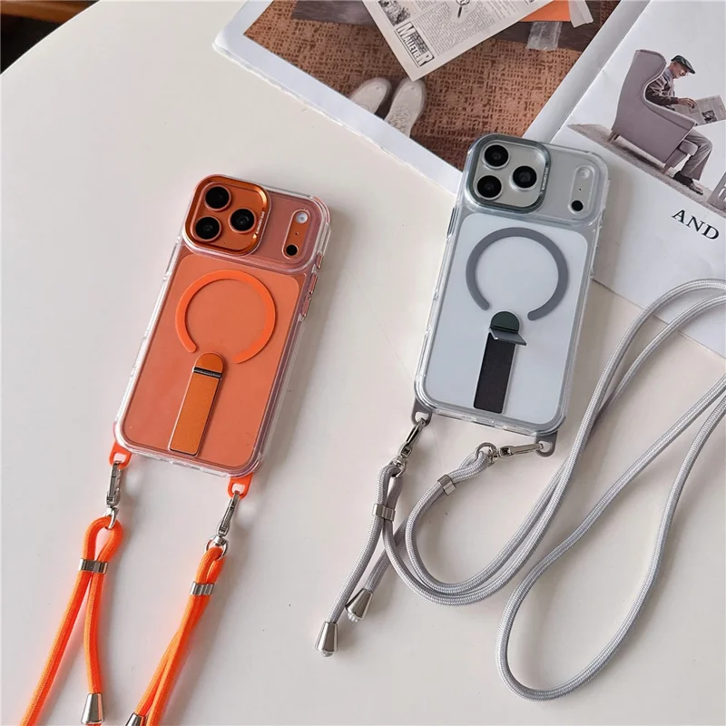 For iPhone 18 Pro Max / 17 Pro Max Magnetic Phone Case with Kickstand and 2-in-1 6mm 150cm Length Strap PC TPU Phone Cover - Orange
