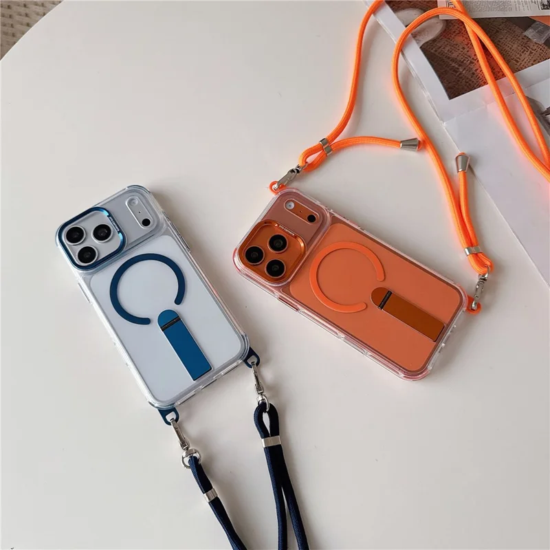 For iPhone 18 Pro Max / 17 Pro Max Magnetic Phone Case with Kickstand and 2-in-1 6mm 150cm Length Strap PC TPU Phone Cover - Orange