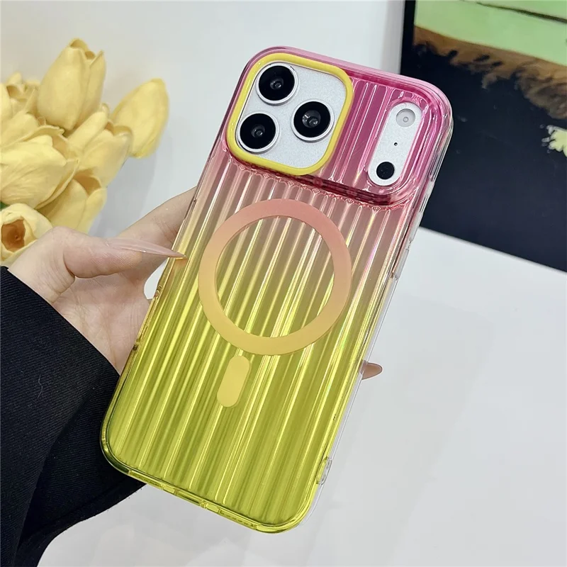For iPhone 17 Pro Magnetic Case Multicolor Gradient Stripe TPU PC Shockproof Cover Compatible with Magsafe - Gradient Pink Yellow