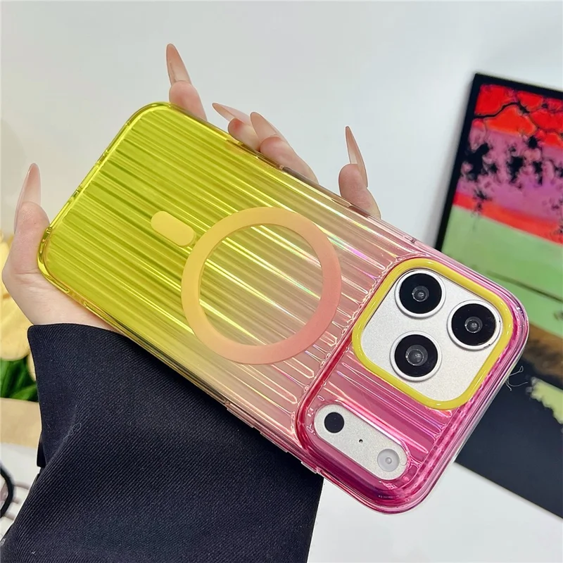 For iPhone 17 Pro Magnetic Case Multicolor Gradient Stripe TPU PC Shockproof Cover Compatible with Magsafe - Gradient Pink Yellow