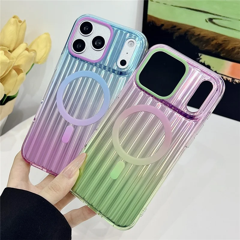For iPhone 17 Pro Magnetic Case Multicolor Gradient Stripe TPU PC Shockproof Cover Compatible with Magsafe - Gradient Pink Yellow