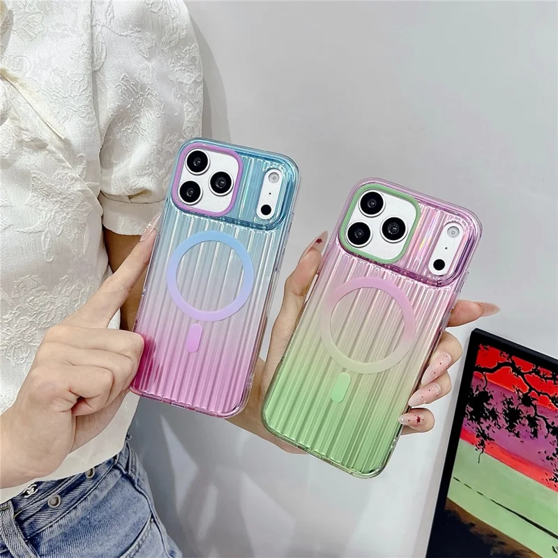 For iPhone 17 Pro Magnetic Case Multicolor Gradient Stripe TPU PC Shockproof Cover Compatible with Magsafe - Gradient Pink Yellow