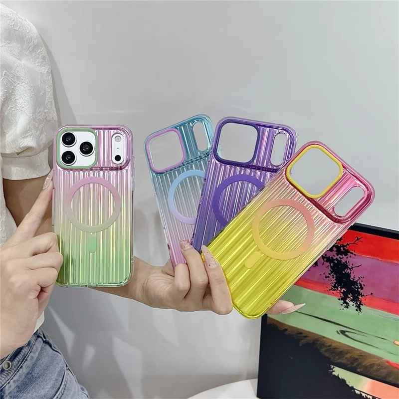 For iPhone 17 Pro Magnetic Case Multicolor Gradient Stripe TPU PC Shockproof Cover Compatible with Magsafe - Gradient Pink Yellow
