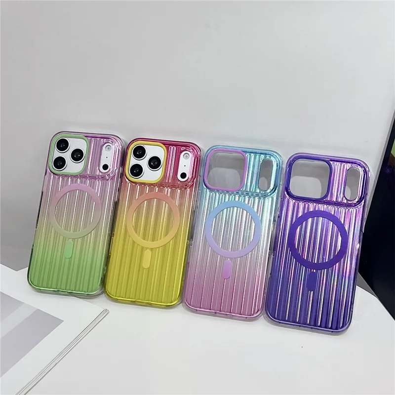 For iPhone 17 Pro Magnetic Case Multicolor Gradient Stripe TPU PC Shockproof Cover Compatible with Magsafe - Gradient Pink Yellow