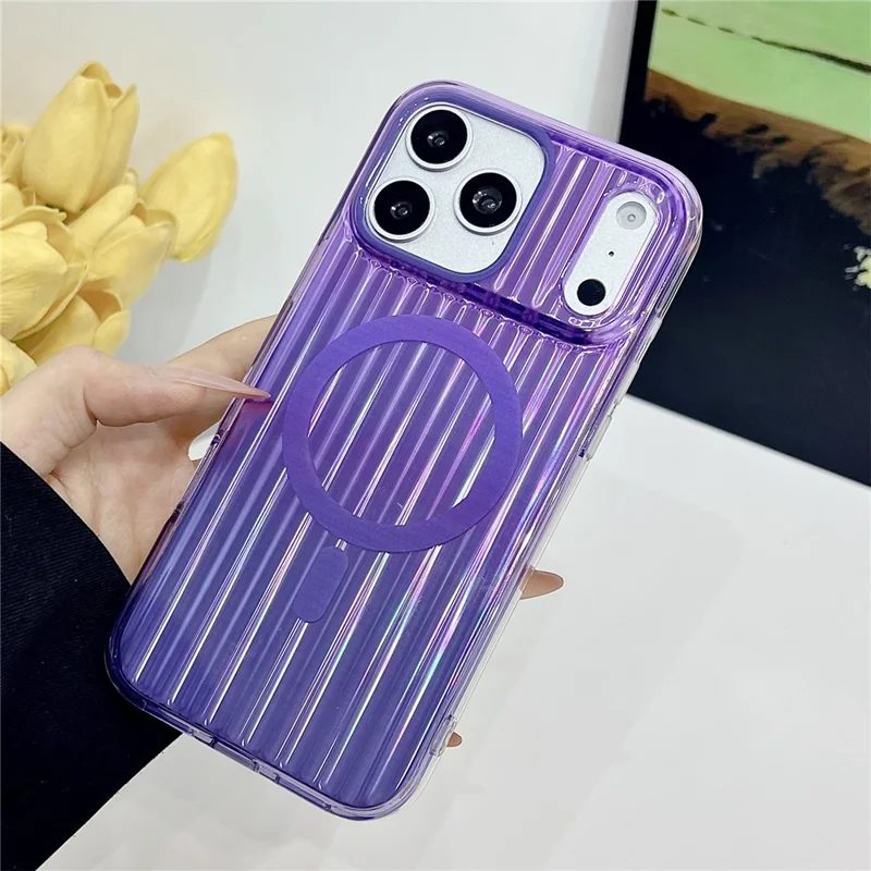 For iPhone 17 Pro Max Magnetic Case Multicolor Gradient Stripe TPU PC Shockproof Cover Compatible with Magsafe - Gradient Purple