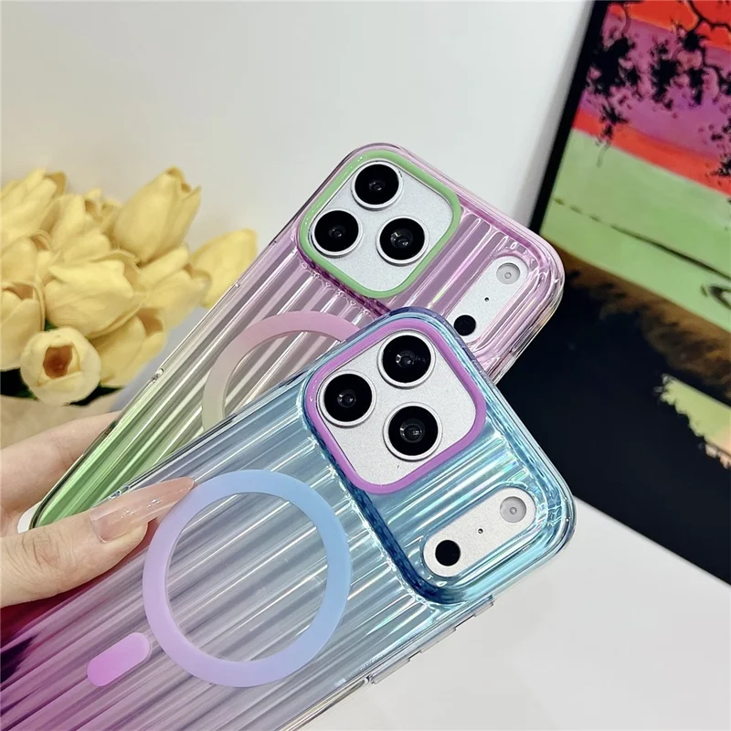 For iPhone 17 Pro Max Magnetic Case Multicolor Gradient Stripe TPU PC Shockproof Cover Compatible with Magsafe - Gradient Purple