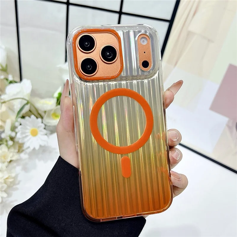 Capa Magnética para iPhone 17 Pro Max com Listras em Gradiente, Capa Resistente a Choques em TPU e PC Compatível com Magsafe - Laranja