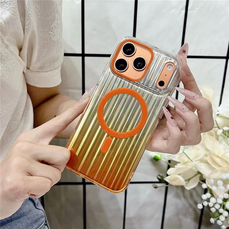 Capa Magnética para iPhone 17 Pro Max com Listras em Gradiente, Capa Resistente a Choques em TPU e PC Compatível com Magsafe - Laranja