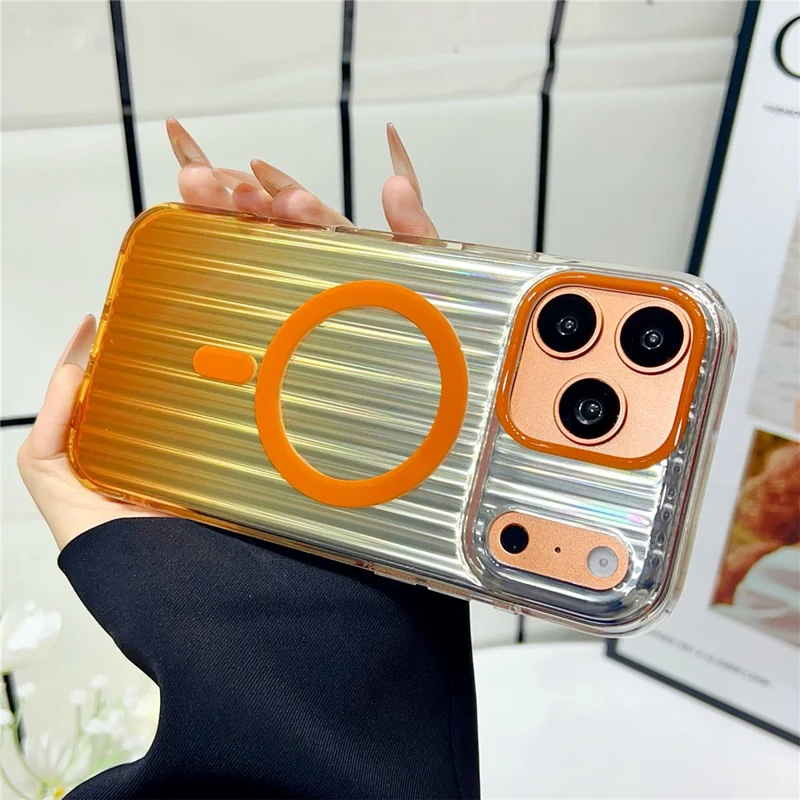 Capa Magnética para iPhone 17 Pro Max com Listras em Gradiente, Capa Resistente a Choques em TPU e PC Compatível com Magsafe - Laranja