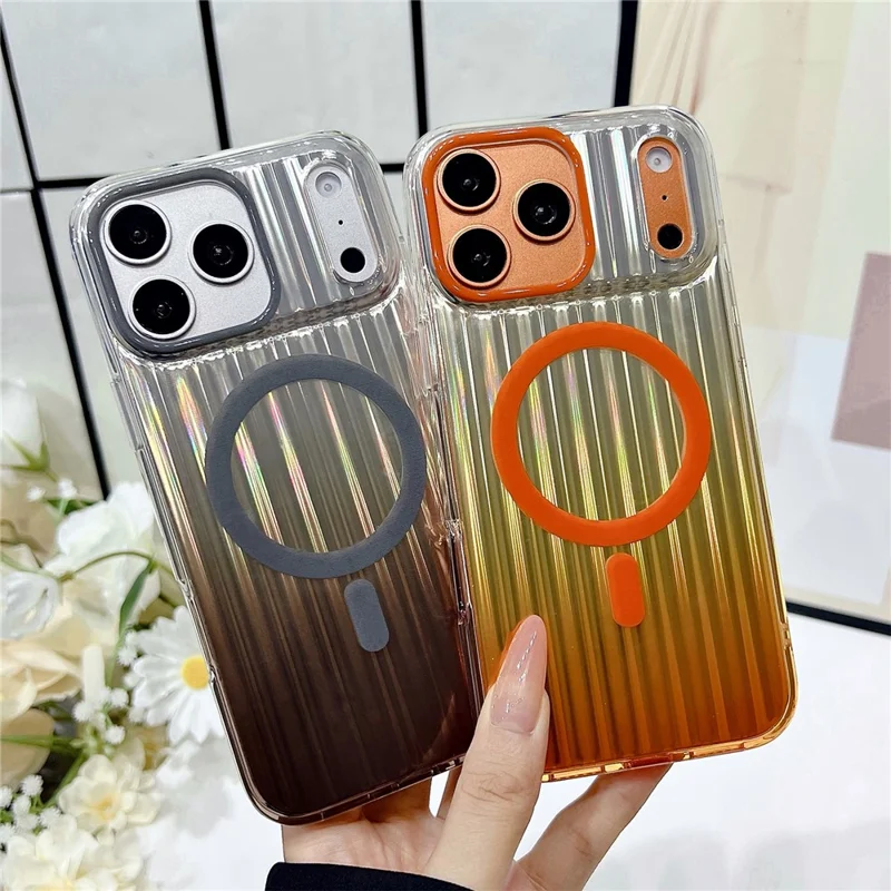 Capa Magnética para iPhone 17 Pro Max com Listras em Gradiente, Capa Resistente a Choques em TPU e PC Compatível com Magsafe - Laranja
