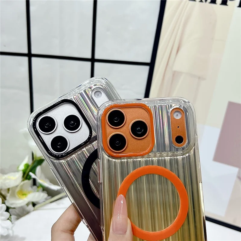 Capa Magnética para iPhone 17 Pro Max com Listras em Gradiente, Capa Resistente a Choques em TPU e PC Compatível com Magsafe - Laranja