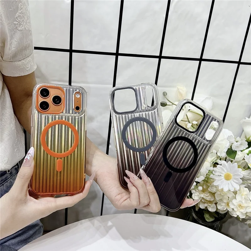 Capa Magnética para iPhone 17 Pro Max com Listras em Gradiente, Capa Resistente a Choques em TPU e PC Compatível com Magsafe - Laranja