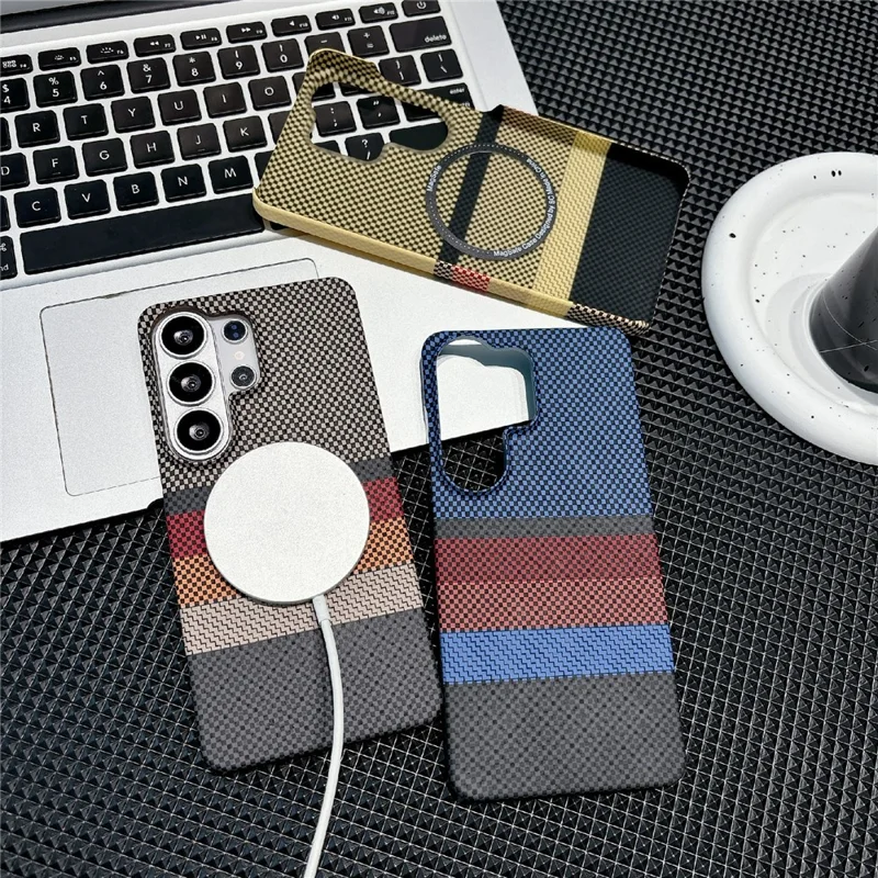 For Samsung Galaxy S23 Ultra Magnetic Case Striped Textile Pattern Skin-touch PC Cover - Yellow Stripe