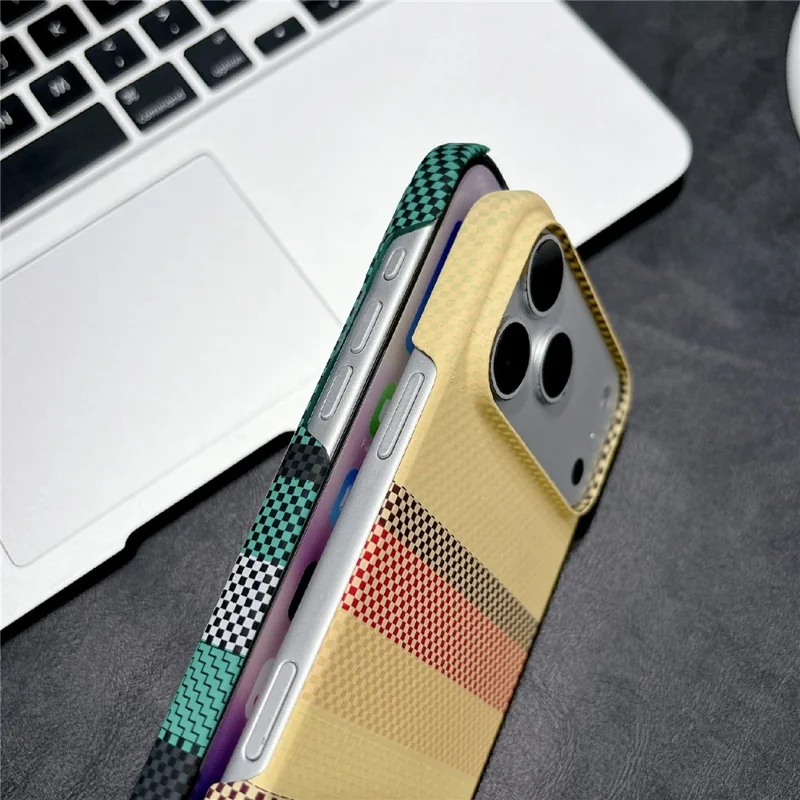 For iPhone 17 Pro Max Magnetic Case Striped Textile Pattern Skin-touch PC Cover - Yellow Stripe
