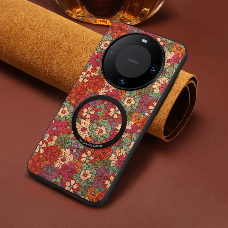 Capa Magnética para Telemóvel Huawei Mate 60 Pro / 60 Pro+ com Estampado Floral, Capa Protetora em PU Pele e TPU - Vermelha