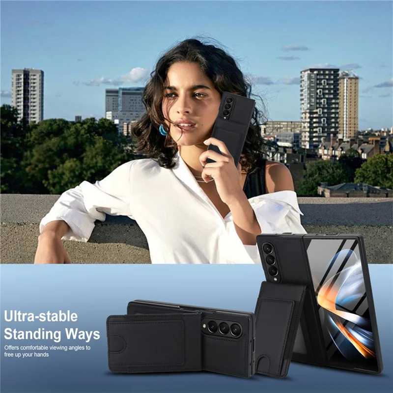 Étui pour Samsung Galaxy Z Fold4 5G, Porte-cartes, Support Pivotant, Cuir PU + PC, avec Protecteur d'écran HD - Noir