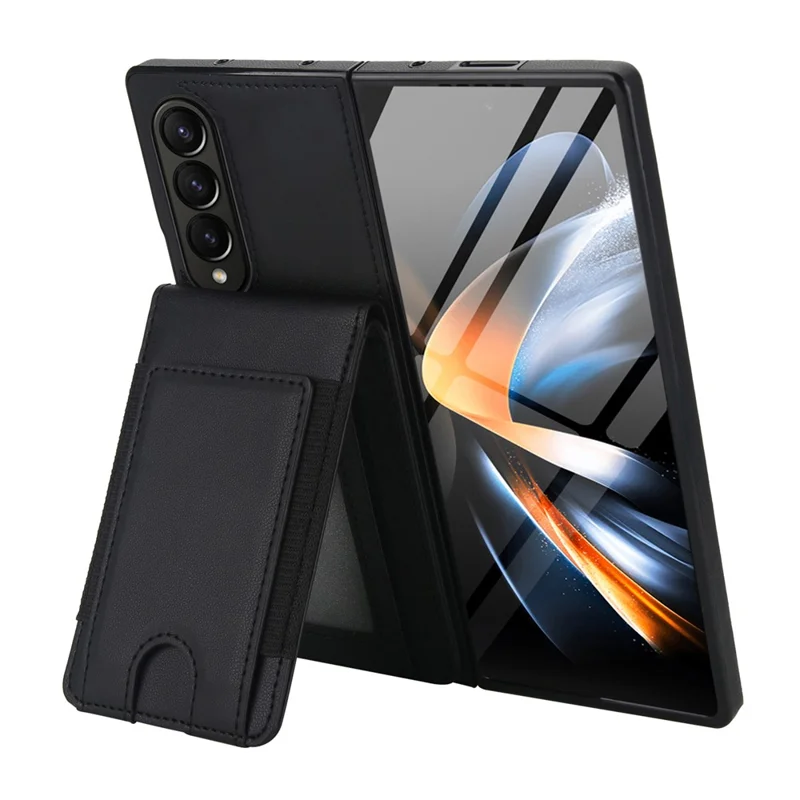 Étui pour Samsung Galaxy Z Fold4 5G, Porte-cartes, Support Pivotant, Cuir PU + PC, avec Protecteur d'écran HD - Noir