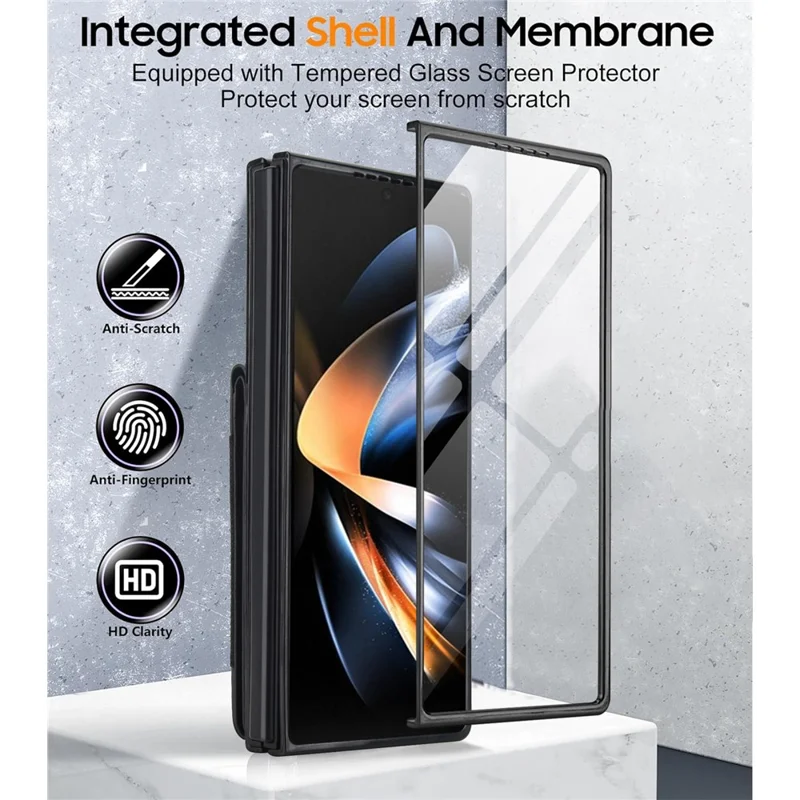 Étui pour Samsung Galaxy Z Fold4 5G, Porte-cartes, Support Pivotant, Cuir PU + PC, avec Protecteur d'écran HD - Noir