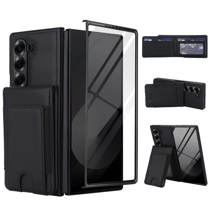 Für Samsung Galaxy Z Fold5 5G Hülle Kartenetui Ständer Leder + PC Handyhülle mit HD Displayschutz - Schwarz