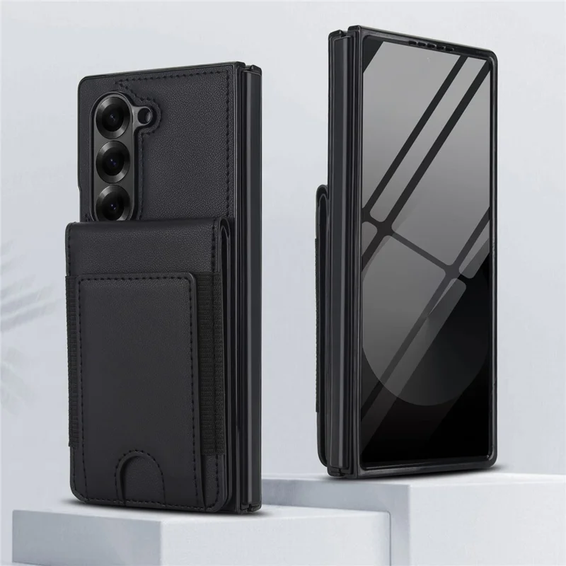 Für Samsung Galaxy Z Fold5 5G Hülle Kartenetui Ständer Leder + PC Handyhülle mit HD Displayschutz - Schwarz
