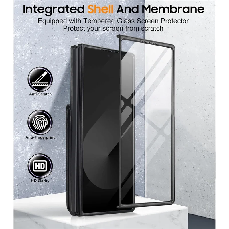 Für Samsung Galaxy Z Fold5 5G Hülle Kartenetui Ständer Leder + PC Handyhülle mit HD Displayschutz - Schwarz