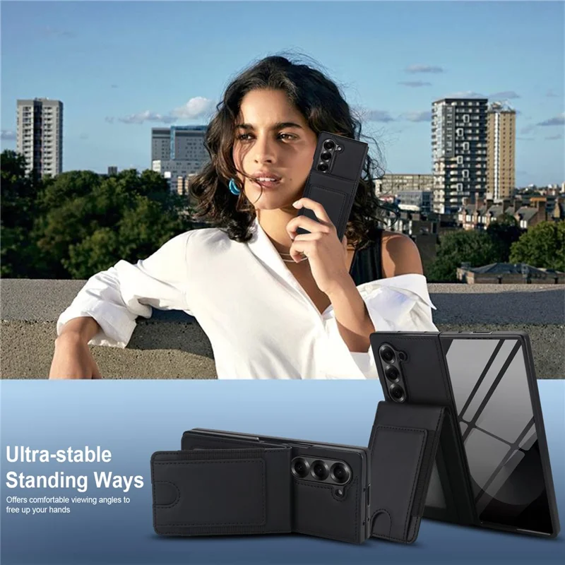 For Samsung Galaxy Z Fold6 5G Case Card Bag Kickstand Leather + PC Phone Cover with HD Screen Protector - Black