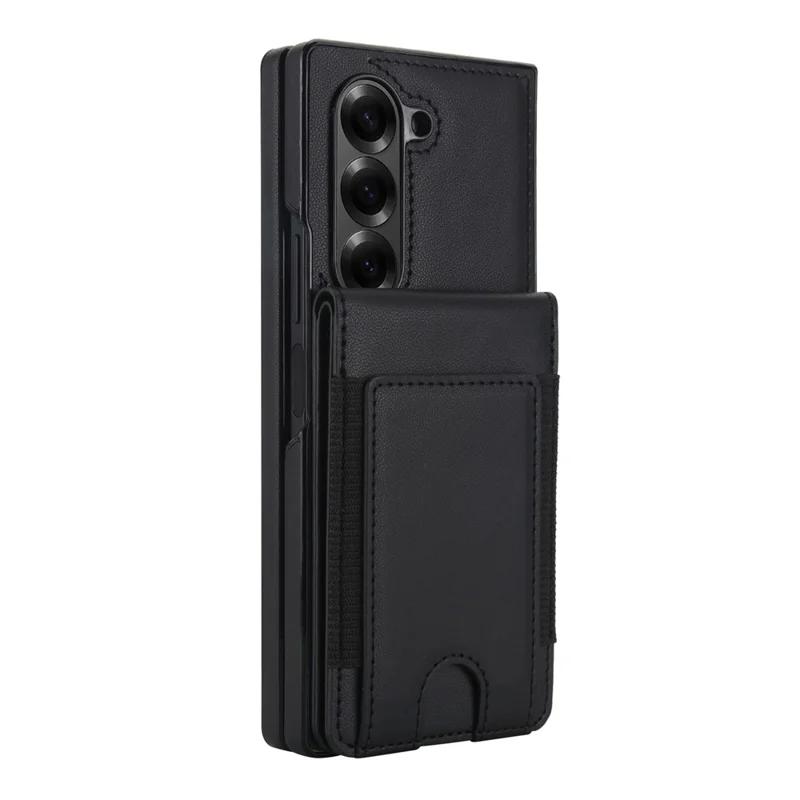 For Samsung Galaxy Z Fold6 5G Case Card Bag Kickstand Leather + PC Phone Cover with HD Screen Protector - Black