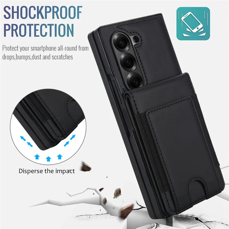 For Samsung Galaxy Z Fold6 5G Case Card Bag Kickstand Leather + PC Phone Cover with HD Screen Protector - Black