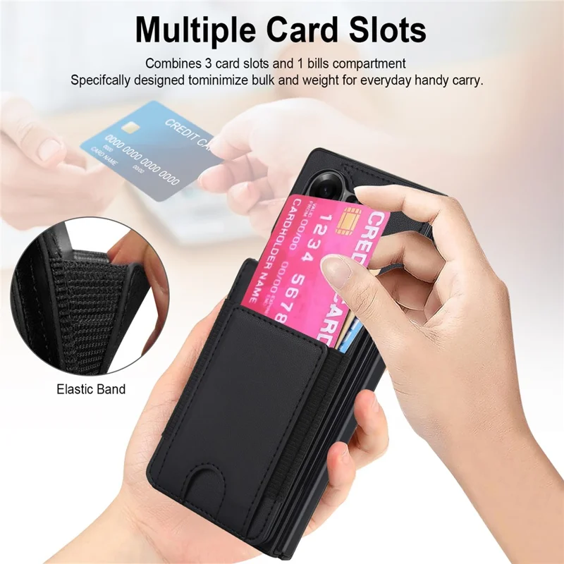 For Samsung Galaxy Z Fold6 5G Case Card Bag Kickstand Leather + PC Phone Cover with HD Screen Protector - Black